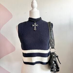Vintage Striped Mock Neck Tank Top Y2K Retro Indie Sleaze Minimalist 90s Small